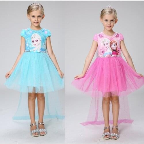 Original Frozen Anna Elsa Cartoon Printed Cotton Princess Dress Pink Blue Summer Children Girl Baby Short Sleeve