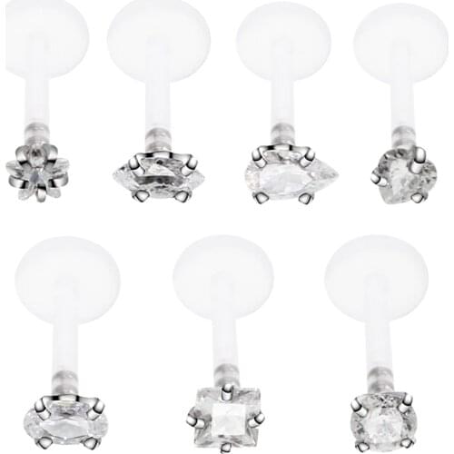 New Arrival Bioplast Flexible Push-in Labret Stud Lip Piercing Press Fit 3mm Crystal Zircon Ear Cartilage Tragus Helix Jewelry