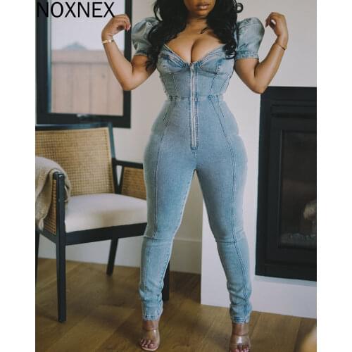 NOXNEX Women Denim Jumpsuit Solid Short Puff Sleeve V-neck Zipper Stretchy Pencil Jumpsuits America Short Sleeve Summer 2021