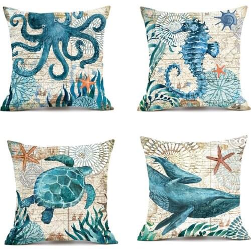 Pack of 4 cotton and linen Mediterranean style, marine-themed pillowcases, square 45 x 45 cm (quilt cover only)