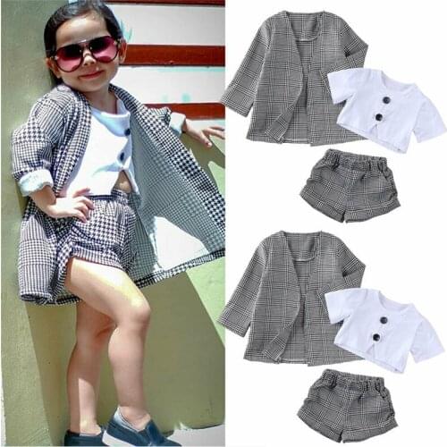 2020 Spring New Arrival Girls Fashion Houndstooth 3 Pieces Suit Coat+T shirt+Short Pants Kids Casual Sets Girls Clothes