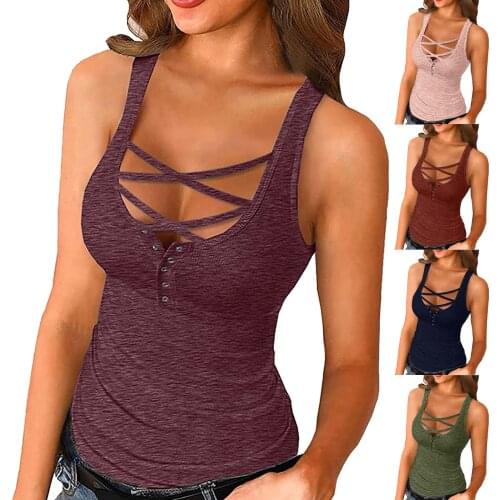 Summer Sexy Deep V-neck Tank Tops Womens Cross Sexy Summer Sleeveless Shirts Button Down Camis Tank Tops Debardeur Femme