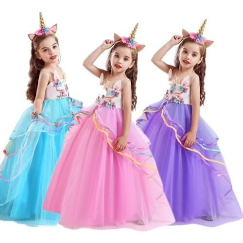 Cute Rainbow Unicorn Cosplay Girls Dress Elegant Princess Dress Wedding Party Formal Kids Prom Gowns Fancy Baby Girl Party Gowns