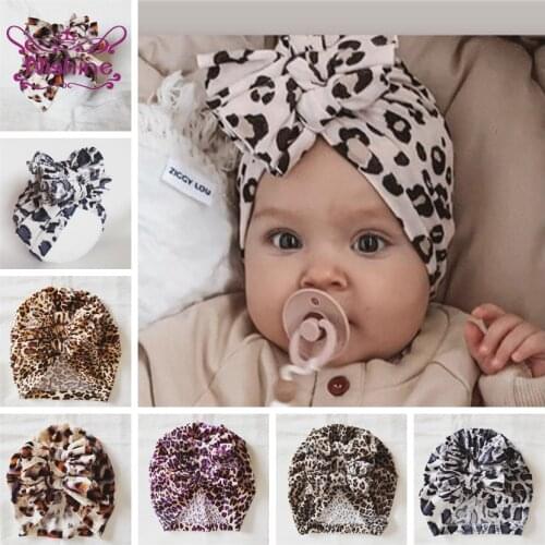 Nishine New Leopard Print Knotted Bow Hat Newborn Infant Toddler Caps Turban Baby Girls Beanie Bonnet Cap Hair Accessories