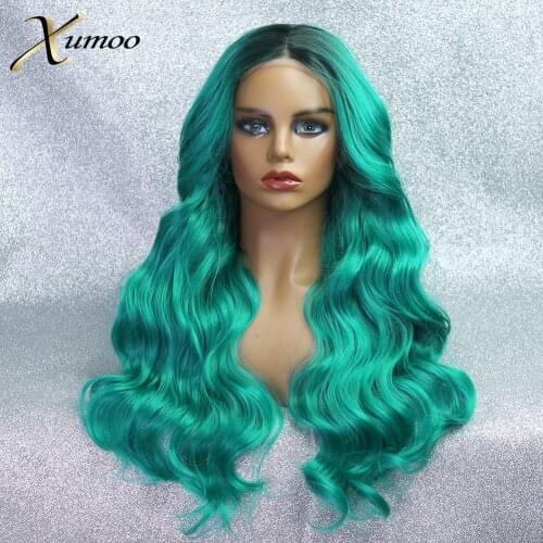 XUMOO Long Wavy Synthetic Lace Front Wig Glueless Heat Resistant Ombre Green Wig Cosplay Lace Front Wigs For Black Women