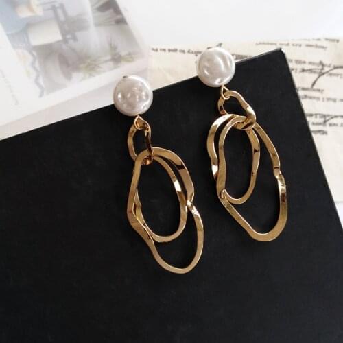 S925 needle Fashion Jewelry Earrings White Bead With Metal Golden Plating Irregular Circle Dangle Drop Earrings For Girl Gift