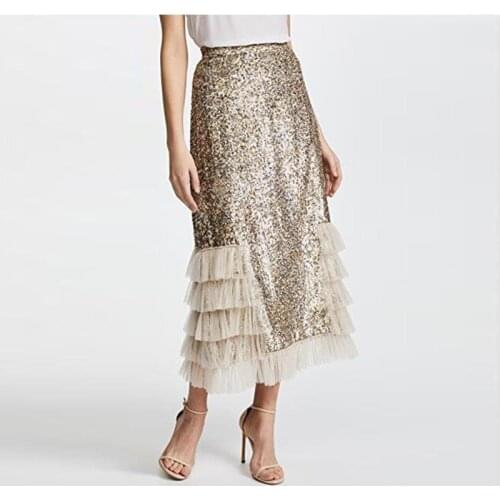 Sexy Women High Waist Party Ankle Length Sequin Skirt A Line Saia Tulle Ruffle Skirts Womens Fashion Style Ladies Skirts Custom