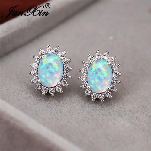 Rainbow Blue White Fire Opal Earrings Silver Color Cz Oval Stone Sunflower Wedding Stud Earrings For Women Luxury Jewelry