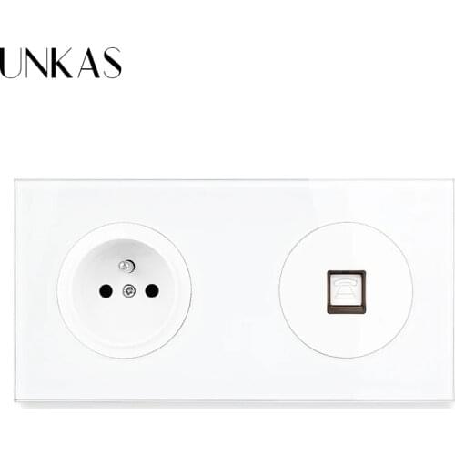 UNKAS Crystal Tempered Glass Panel French Standard Wall Socket RJ11 Telephone Connector Phone Jack Socket Knight Black