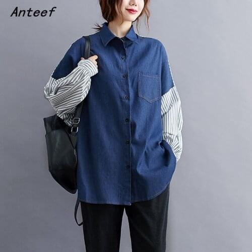 Anteef long sleeve denim shirts for vintage blouse Casual loose spring autumn tops women 2021 blouses button up shirt clothing