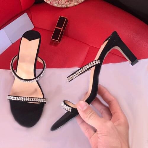 Kmeioo 2021 summer womens shoes open toe high heels slip-on jewel snadals crystal slides for dress party ladies