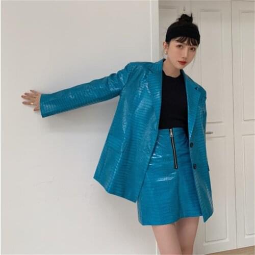 2021 Spring New Glossy Bright PU Leather Jacket Female Blue Crocodile Pattern Loose Leather Coat Cool Girl Retro Jacket Y736