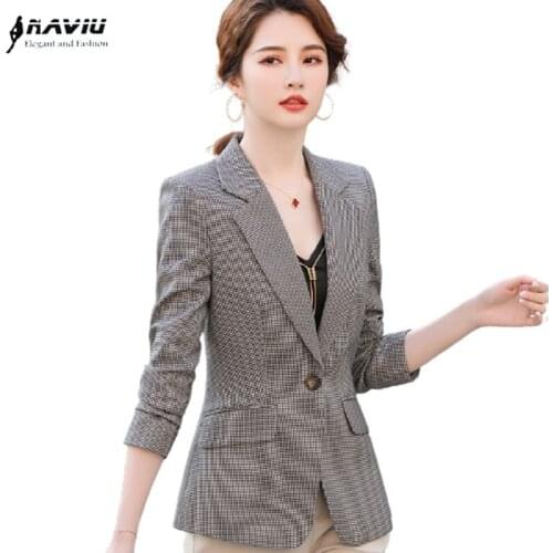 Houndstooth Blazer Women High End Fashion Temperament Retro Long Sleeve Casual Slim Jacket Autumn Office Ladies Work Coat