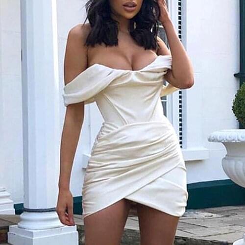 Summer Spaghetti Strap Robe Solid Color Women Hot Sexy Off Shoulder Chest wrapping Short Sleeve Pleated Party Bodycon Mini Dress
