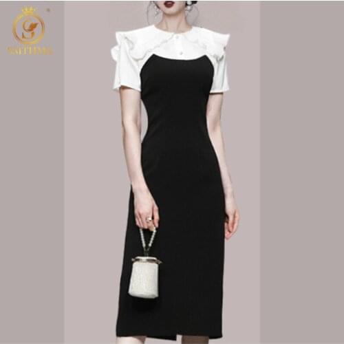 SMTHMA New Fashion Korea Summer Mid Dress Women Short Sleeve Patchwork Ruffle Beading Ladies Elegant Party Dress