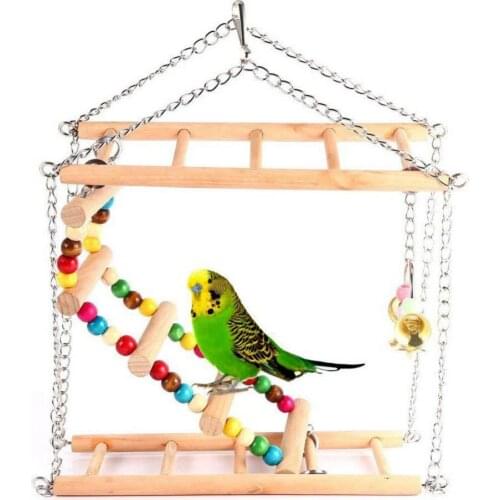 Log Simulation Natural Style Birdcage Attachment Beaded Bell Swing Double Climbing Ladder Stand Parrot Birds Toy Hanging Decor