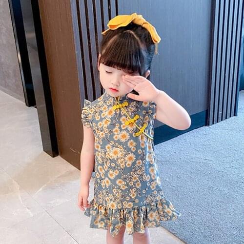 2021 Chinese Style Girls Dress Sleeveless National Dress for Baby Girl Summer Clothing Girl Clothes Vintage Toddle Girl Dress