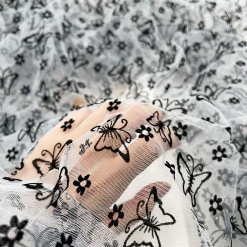 45x150cm White Black Flocking Butterfly Florets Mesh Tulle Fabric High Quality Bridal Dress Wedding Decoration Tablecloth Fabric