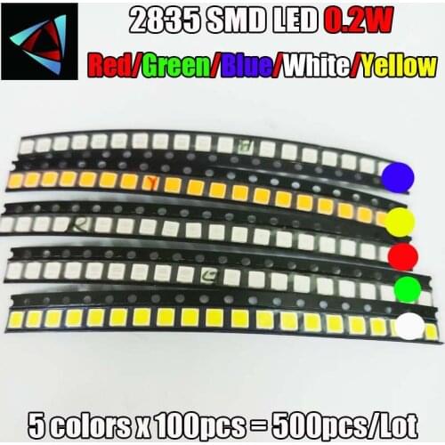 500pcs 2835 0.2W SMD LED 5 colors x 100pcs Diodes SMD LED 3528 Light Emitting Diode RED / Yellow / Green / White / Blue