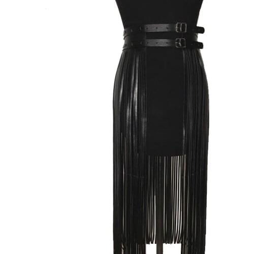 Boho Gothic High Waist Faux Leather Tassels Skirt Body Harness Belts Punk Rock Sexy Long Fringe Buttons Halloween Party Dress