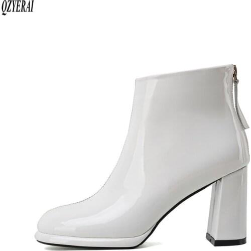 Women Ankle boots Genuine leather Female boots 8cm High heels black red white cowhide Autumn winter Womens shoes Size 34-42