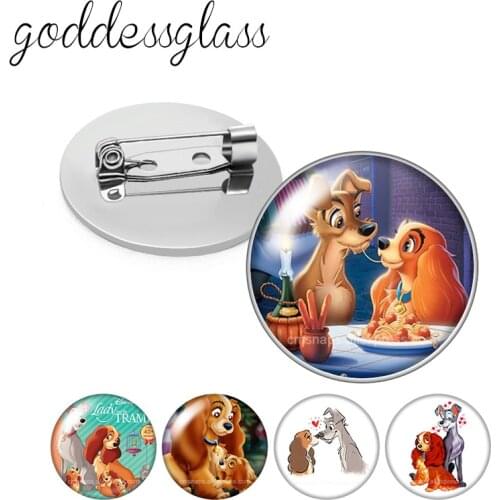 Disney Lady and the Tramp Dogs Round Glass cabochon Silver color Brooch Dome Photo Jewelry Brooches Pin For Gift