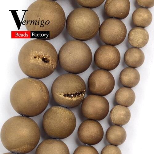 6/8/10/12mm Metallic Coated Gold Color Drusy Agates Stone Round Beads for Jewelry Making Diy Bracelet Necklace Accessories