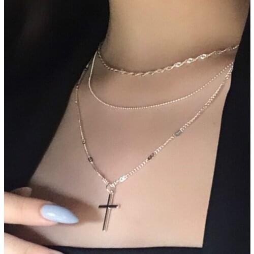 Multi-Layer Gold Cross Chain Pendant Necklace Punk Womens Fashion Beads Choker Necklace Ladies Party Goth Jewelry Girl Gift