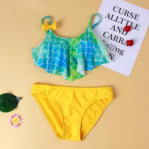 Kids Girls Summer Swimsuits Toddler Fish Scale Printing Bow Decoration Sling Tops with Solid Color Triangle Bottoms Swimwear