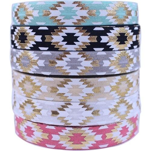 Fold Over Elastic 5/8"Gold Foil Aztec Printed FOE Ribbon Headband FOR Girls DIY Hair Band Accessories 9 Colors U Pick