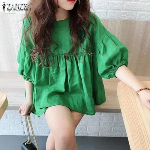 ZANZEA Elegant Women Pleated Blouse 2021 Summer OL Solid Tops Casual Puff Sleeve Tunic Ladies Loose Blusa Femininas Oversize 5XL