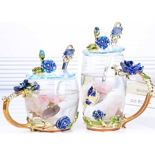 1PCS Coffee Mugs Novelty Glass Cups Unusual Flower Enamel Handles Perfect Gifts for Women With spoon no lids