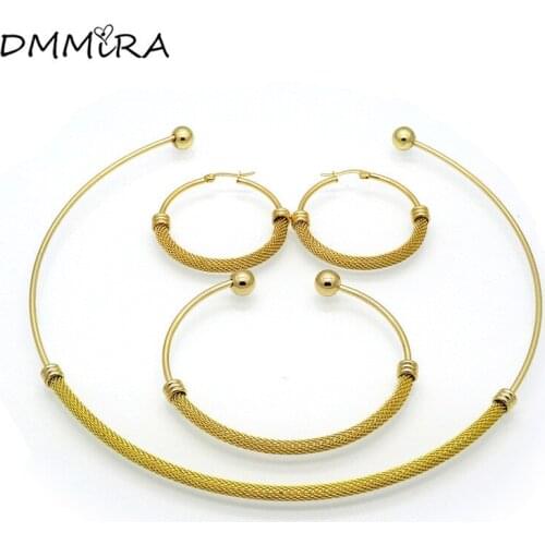 2017 Fashion Punk Gold Cable Jewelry Sets Stainless Steel 3PCS Half Circle Bracelet Necklace Earrings Jewelry Sets For Women