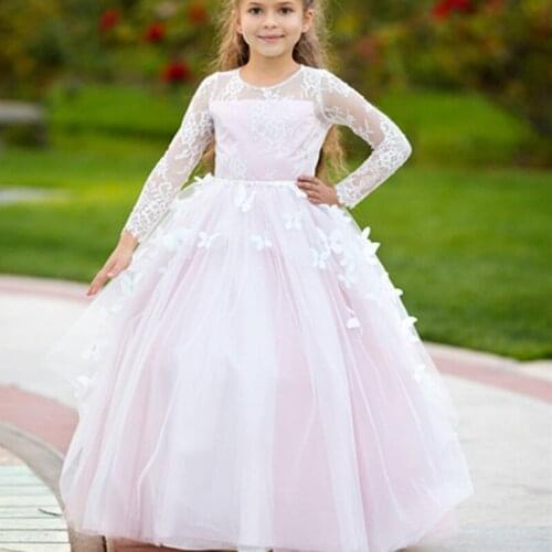 Cute Baby Girl Tulle Lace Princess Full Sleeves Pale Pink Flower Girl Dress Girls First Communication Dress 2021