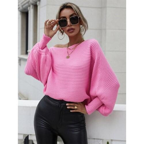 Fashion Autumn Batwing Sleeve Striped Knitted Sweaters Slash Neck Tops Loose Cardigan Womens Sweater 2021
