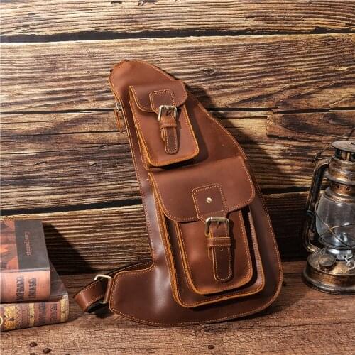 Genuine Leather Chest Bag For Men Crazy Horse Fanny Pack Vintage Men Shoulder Bags High Quality Chest Pack Menssenger Bag Men