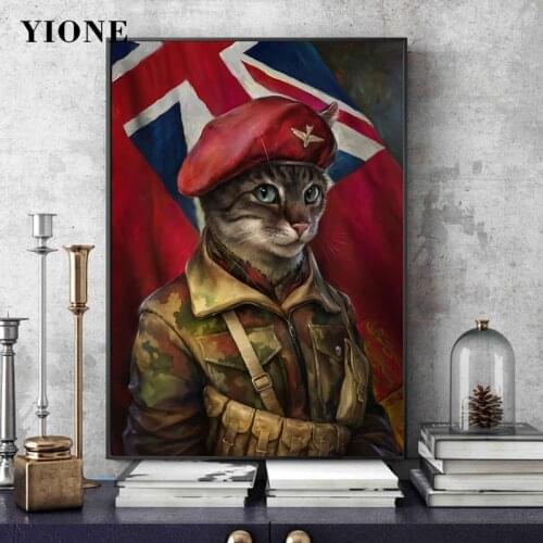 Retro British Soldier Cat Wall Art Canvas Painting Abstract Animal Head Military Kitten with Flag Poster Print Picture for Room