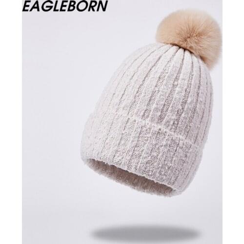 2021 New Beanie Knitted Hat Woman Hat Warm In Winter Hats for Women Beanies Knitting Fur Ball Girls Winter Hats Solid Pink Caps