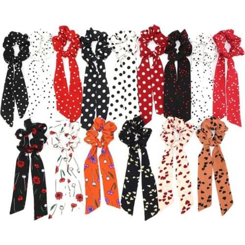 New Polka Dot Hair Scrunchie For Women Long Ribbon Pontail Scarf Floral Print Elastic Hair Bands Solid Hair Tie Hair Accessories
