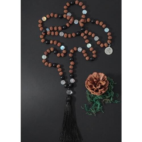 OAIITE Black Agate Opal Stone Necklace With Rudraksha 108 JapaMala Necklaces Buddhist Prayer Reiki Spiritual Healing Jewelry