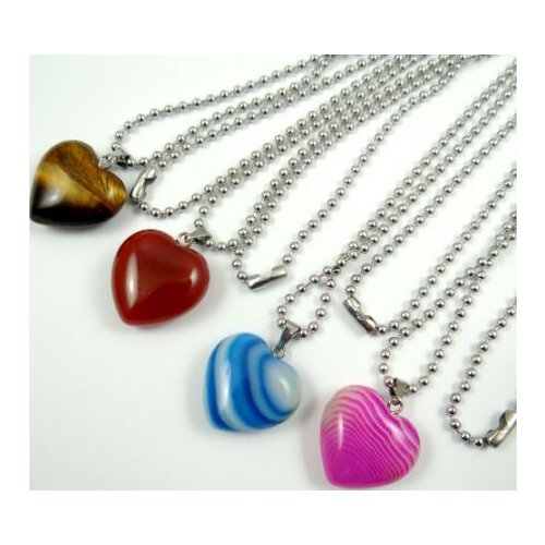 Natural stone tiger eye Pink Crystal Striped agates heart Pendant stainless steel Chains Necklace Women Fashion Jewelry making