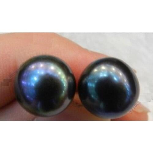 A pair of natural AAA 11-12mm tahitian black pearl earrings 14k/20 Gold
