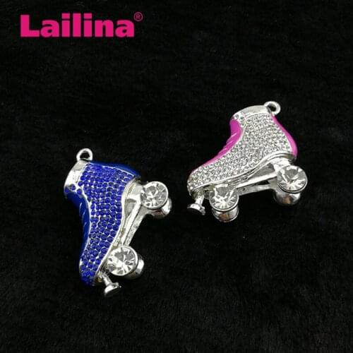 Pink Enamel Clear Rhinestone Crystal Roller Skates Pendant Ice Skate Shoes Charms