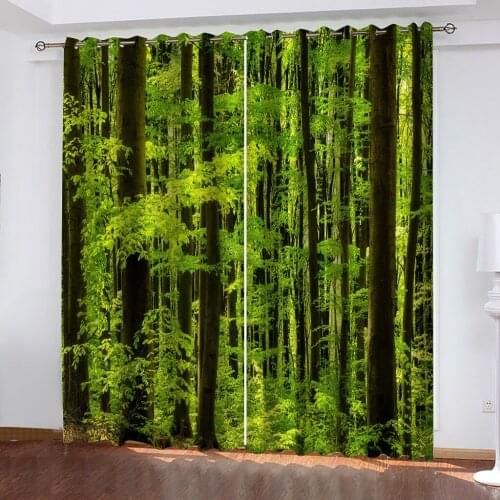 High quality custom 3d curtain fabric green forest curtains 3D Curtains set For Bed room Living room