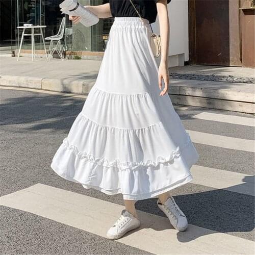 White Chiffon Ruffle Boho Pleated Skirt Vintage Summer Black Elastic High Waist Long Skirt Women Plus Size Spring Korean Saia