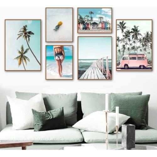 Palm Pineapple Women Surfboard Van Path Wall Art Canvas Painting Nordic Posters And Prints Wall Pictures For Living Room Decor