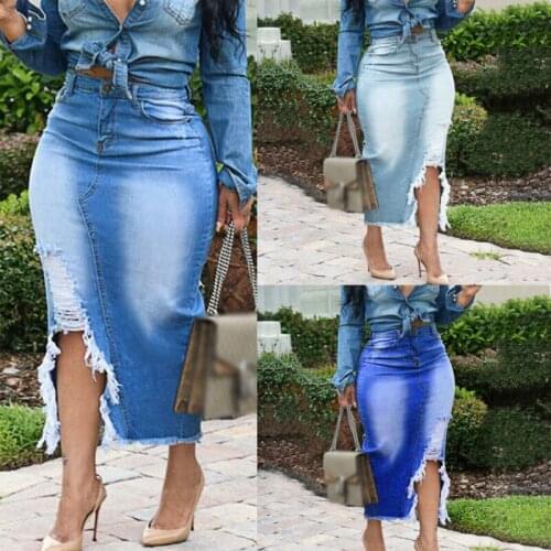 Women Denim Distressed Skirt High Waist Ripped Jeans Street Style Bodycon Skirts