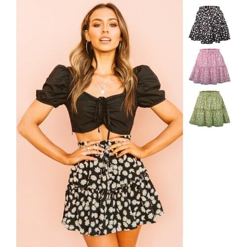 Summer Print Mini Skirt Women Floral Daisy Y2K Ruffles Kawaii Streetwear Casual High Waist Party Club Skirt Bodycon 90s Skirt