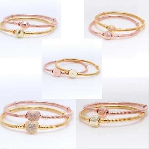 Authentic 925 Sterling Silver Pan Bracelet Rose Gold Snake Chain Suitable For Women Beads Charm Fashion Jewelry