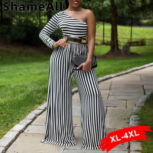 Plus Size Stripe One Shoulder Long Sleeve Ladies Jumpsuits 4xl One Piece Playsuits Elegant Wide Leg Long Rompers Club Outifits
